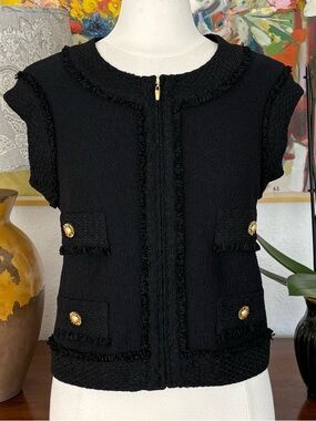 St. John Black Tweed Cap-Sleeve Vest with Gold Buttons